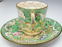 GORGEOUS Staffordshire Porcelain Tea Cup and Saucer Green Gold Floral c. 1848 A