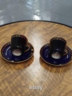 Ginori Porcelain Cobalt Blue & Gold Demitasse Cup & Saucer x 2