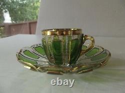 Glass Demitasse Cup & Saucer VERY RARE emerald green cabochon gold Moser czech