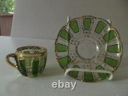 Glass Demitasse Cup & Saucer VERY RARE emerald green cabochon gold Moser czech