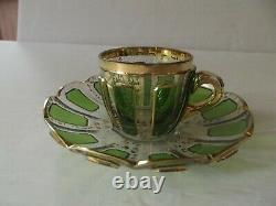 Glass Demitasse Cup & Saucer VERY RARE emerald green cabochon gold Moser czech