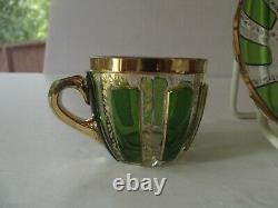 Glass Demitasse Cup & Saucer VERY RARE emerald green cabochon gold Moser czech