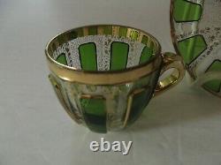 Glass Demitasse Cup & Saucer VERY RARE emerald green cabochon gold Moser czech