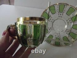 Glass Demitasse Cup & Saucer VERY RARE emerald green cabochon gold Moser czech