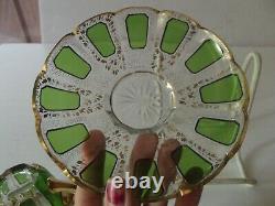 Glass Demitasse Cup & Saucer VERY RARE emerald green cabochon gold Moser czech