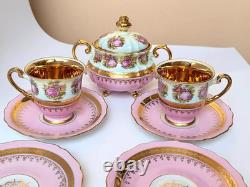 Gloria Carlsbad Alt Wien Pink Gold Demitasse Set Fragonard 2 Cups Sugar Saucers