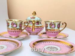Gloria Carlsbad Alt Wien Pink Gold Demitasse Set Fragonard 2 Cups Sugar Saucers