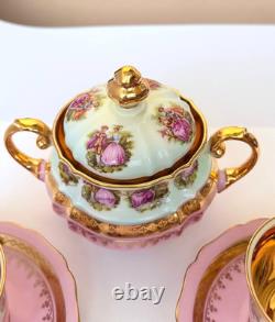 Gloria Carlsbad Alt Wien Pink Gold Demitasse Set Fragonard 2 Cups Sugar Saucers