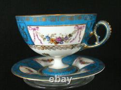 Gold Blue Sevres Style Josephine & Swag Floral Ribbons Crown N Teacup & Saucer