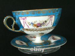 Gold Blue Sevres Style Josephine & Swag Floral Ribbons Crown N Teacup & Saucer