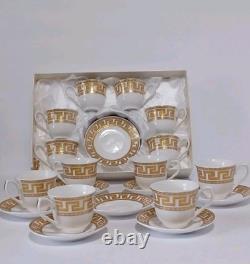 Gold Greek Key Tea Cups & Saucers Service For 12, 25 Piece Set 1 Spare Saucer