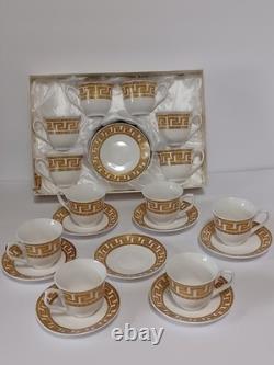 Gold Greek Key Tea Cups & Saucers Service For 12, 25 Piece Set 1 Spare Saucer