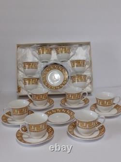 Gold Greek Key Tea Cups & Saucers Service For 12, 25 Piece Set 1 Spare Saucer