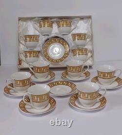 Gold Greek Key Tea Cups & Saucers Service For 12, 25 Piece Set 1 Spare Saucer