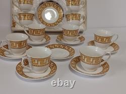 Gold Greek Key Tea Cups & Saucers Service For 12, 25 Piece Set 1 Spare Saucer