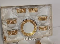 Gold Greek Key Tea Cups & Saucers Service For 12, 25 Piece Set 1 Spare Saucer