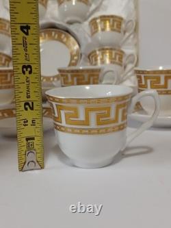 Gold Greek Key Tea Cups & Saucers Service For 12, 25 Piece Set 1 Spare Saucer