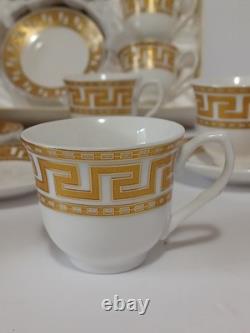 Gold Greek Key Tea Cups & Saucers Service For 12, 25 Piece Set 1 Spare Saucer