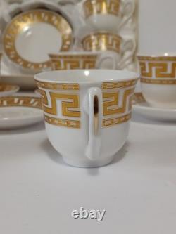 Gold Greek Key Tea Cups & Saucers Service For 12, 25 Piece Set 1 Spare Saucer