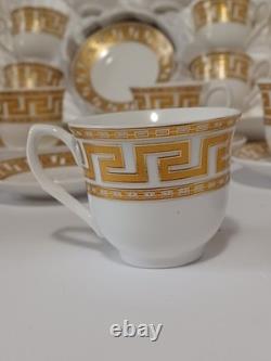 Gold Greek Key Tea Cups & Saucers Service For 12, 25 Piece Set 1 Spare Saucer