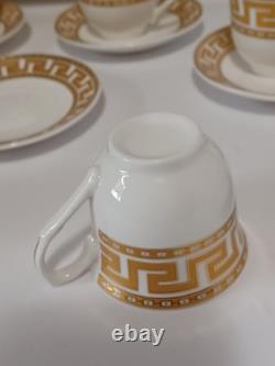 Gold Greek Key Tea Cups & Saucers Service For 12, 25 Piece Set 1 Spare Saucer
