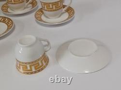 Gold Greek Key Tea Cups & Saucers Service For 12, 25 Piece Set 1 Spare Saucer
