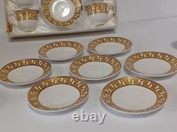 Gold Greek Key Tea Cups & Saucers Service For 12, 25 Piece Set 1 Spare Saucer