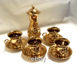 Gold Porcelain Tea Cups And Saucers Sets With Decanter 3D Rose High Relief
