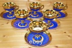 Gold & Royal Blue Courting Couple (6) Footed Cups, 3 1/2 & (6) Saucers, 5 3/4