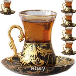 Gold Vintage Turkish Tea Glasses Cups and Saucers Set of 6 Drinking Glassware Pa