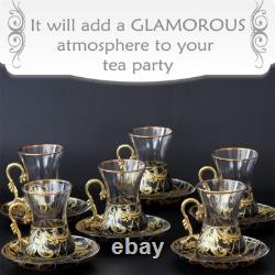 Gold Vintage Turkish Tea Glasses Cups and Saucers Set of 6 Drinking Glassware Pa