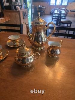 Gold & White Porcelain Tea Set Teapot Sugar Bowl Creamer Cups & Saucers