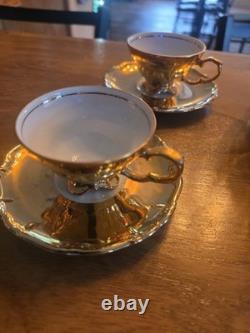 Gold & White Porcelain Tea Set Teapot Sugar Bowl Creamer Cups & Saucers