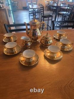Gold & White Porcelain Tea Set Teapot Sugar Bowl Creamer Cups & Saucers