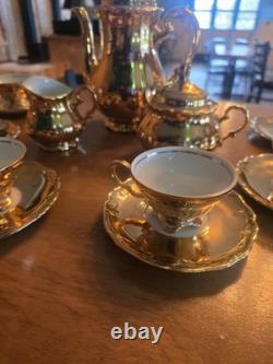Gold & White Porcelain Tea Set Teapot Sugar Bowl Creamer Cups & Saucers