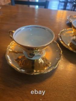 Gold & White Porcelain Tea Set Teapot Sugar Bowl Creamer Cups & Saucers