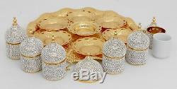 Gold coffee set of 6 cups with saucers, tray and lids/ Turkish, Arabic coffee