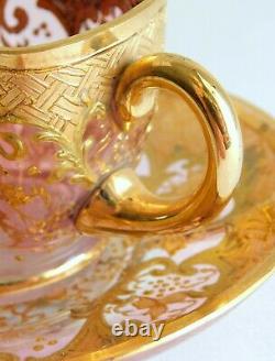 Gorgeous Antique Moser Bohemian Cranberry Gold Enamel Demitasse Cup & Saucer