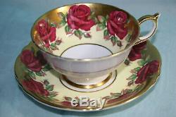 Gorgeous Vint Paragon bone china tea cup saucer-Large Roses on Pale YellowithGold