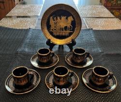 Greek Spathas 24K Gold Accent Cups & Saucers Neofitou Keramik Deco Plate Bundle