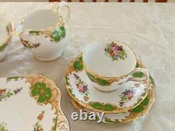 Grosvenor China Teaset England HERTFORD Floral Green Gold White 21 Pieces Unused