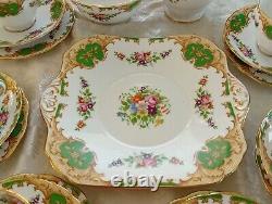 Grosvenor China Teaset England HERTFORD Floral Green Gold White 21 Pieces Unused