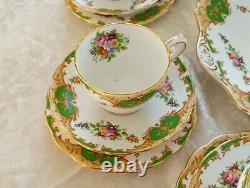 Grosvenor China Teaset England HERTFORD Floral Green Gold White 21 Pieces Unused