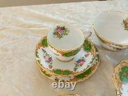Grosvenor China Teaset England HERTFORD Floral Green Gold White 21 Pieces Unused