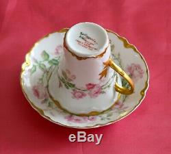 HAVILAND LIMOGES 4 Tall Cup/Saucer SETS Large Pink Rose With HAND ENAMEL GOLD