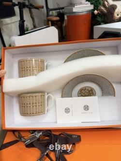 HERMES MOSAIQUE AU 24 GOLD Pair Of Tea Cups & Saucers 26016P BRAND NIB