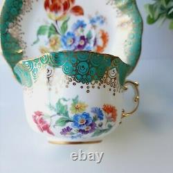 Hammersley & Co Tea Cup & Saucer RARE Teal Auqa Floral Pattern Gold Rim S. 311