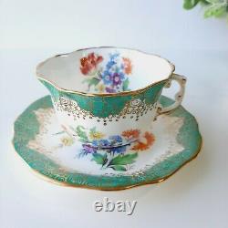 Hammersley & Co Tea Cup & Saucer RARE Teal Auqa Floral Pattern Gold Rim S. 311