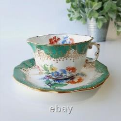 Hammersley & Co Tea Cup & Saucer RARE Teal Auqa Floral Pattern Gold Rim S. 311