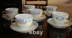 Hand Painted Bohemia Tea Coffee Cups & Saucers Set Of 6, Roses & Gold